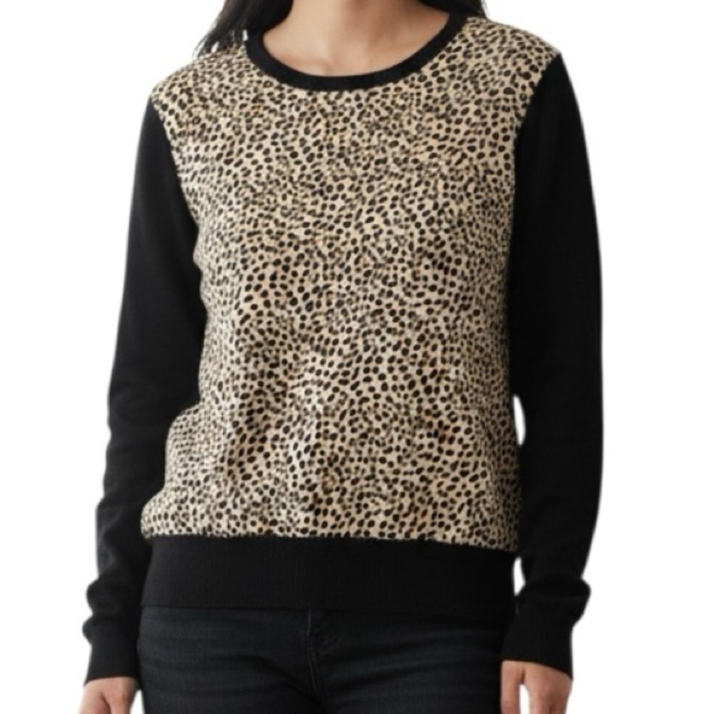 Ann Taylor Multi Media Animal Print Scoop Neck Sweater Black Tan Women’s Size M